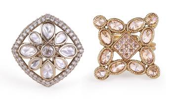 Squire shape white stone gold plated set of 2 combo brass adjustable finger ring for women 1
