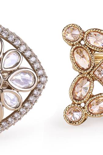 Squire shape white stone gold plated set of 2 combo brass adjustable finger ring for women