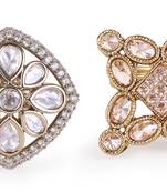 Squire shape white stone gold plated set of 2 combo brass adjustable finger ring for women