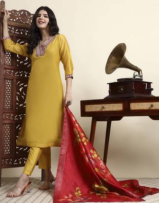 yellow chanderi a line dori embroidery kurta set with pant and dupatta 5