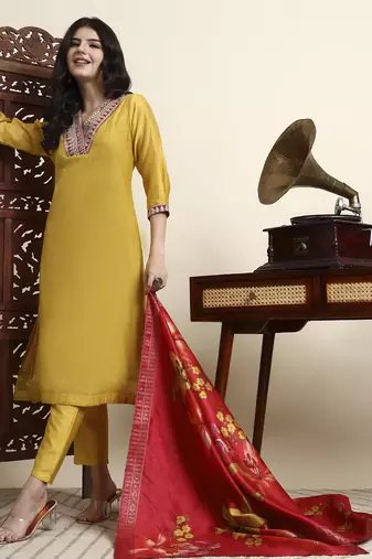 yellow chanderi a line dori embroidery kurta set with pant and dupatta