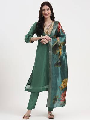 green chanderi a line dori embroidery kurta set with pant and dupatta 1