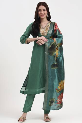 Yufta green chanderi a line dori embroidery kurta set with pant and dupatta