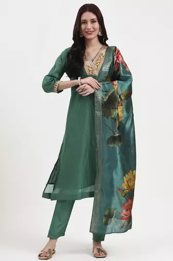 Yufta green chanderi a line dori embroidery kurta set with pant and dupatta