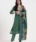 green chanderi a line dori embroidery kurta set with pant and dupatta