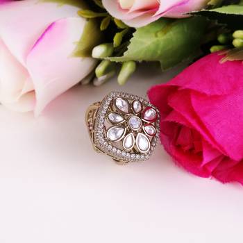 Squire shape white stone gold plated set of 2 combo brass adjustable finger ring for women 3