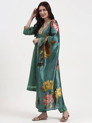green chanderi a line dori embroidery kurta set with pant and dupatta 2