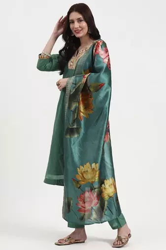 green chanderi a line dori embroidery kurta set with pant and dupatta