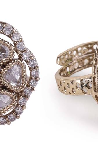 Oval shape white stone gold plated set of 2 combo brass adjustable finger ring for women