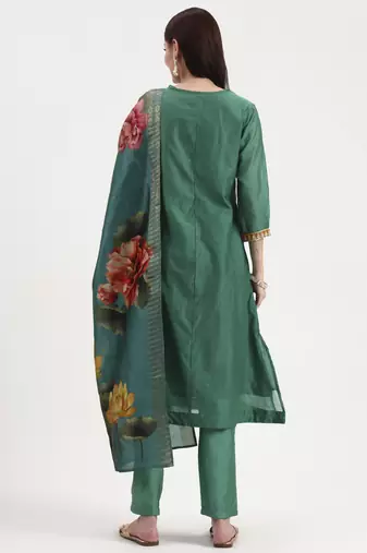 green chanderi a line dori embroidery kurta set with pant and dupatta