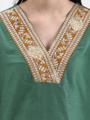 green chanderi a line dori embroidery kurta set with pant and dupatta 4