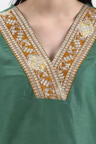green chanderi a line dori embroidery kurta set with pant and dupatta