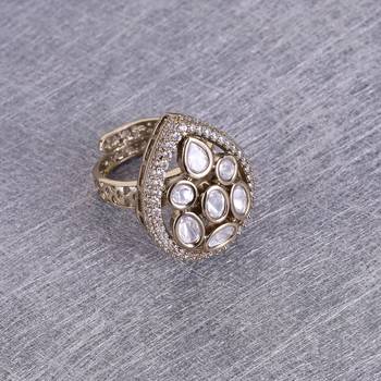 Oval shape white stone gold plated set of 2 combo brass adjustable finger ring for women 3