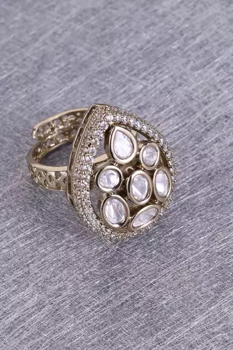 Oval shape white stone gold plated set of 2 combo brass adjustable finger ring for women