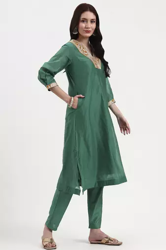 green chanderi a line dori embroidery kurta set with pant and dupatta