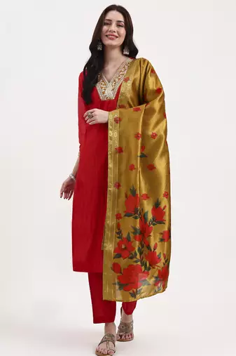 Yufta red chanderi a line dori embroidery kurta set with pant and dupatta