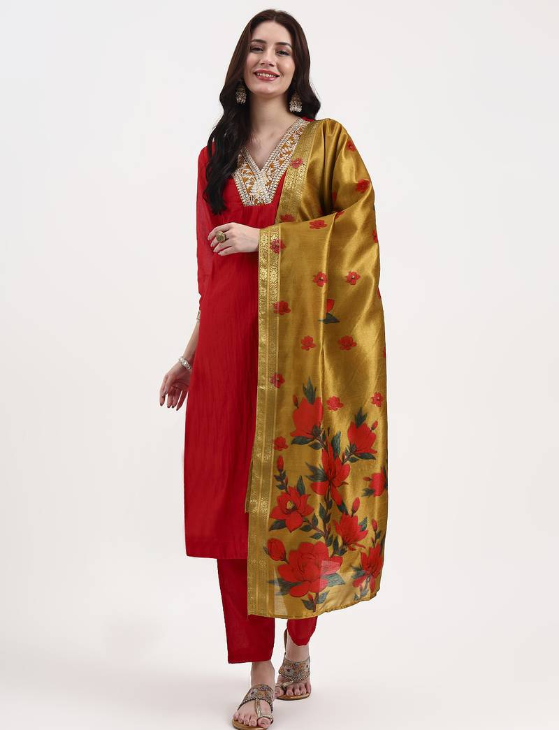 Yufta red chanderi a line dori embroidery kurta set with pant and dupatta