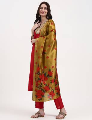 red chanderi a line dori embroidery kurta set with pant and dupatta 2