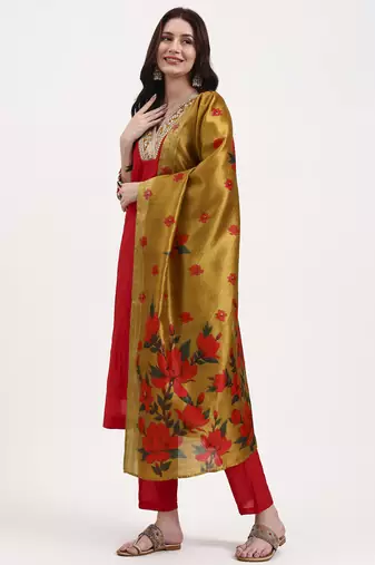 red chanderi a line dori embroidery kurta set with pant and dupatta