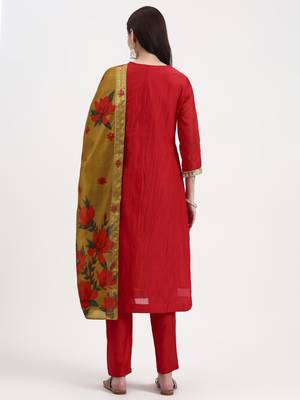 red chanderi a line dori embroidery kurta set with pant and dupatta 3