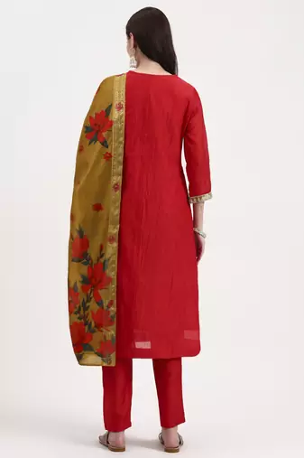 red chanderi a line dori embroidery kurta set with pant and dupatta