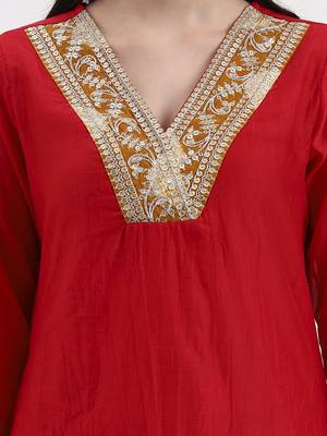 red chanderi a line dori embroidery kurta set with pant and dupatta 4