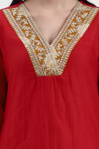 red chanderi a line dori embroidery kurta set with pant and dupatta