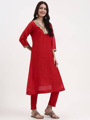 red chanderi a line dori embroidery kurta set with pant and dupatta 5