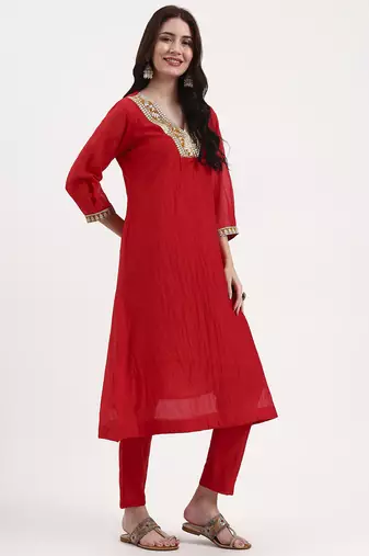 red chanderi a line dori embroidery kurta set with pant and dupatta