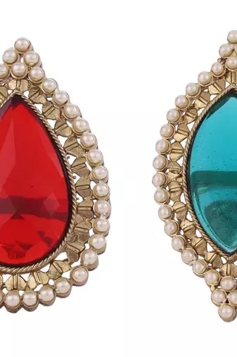 Inspired oval shape center red stone gold plated set of 2 combo adjustable finger ring for women