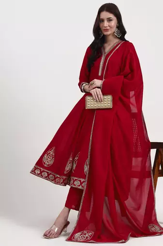 Yufta red vichitra kalidaar kurta set with pant and dupatta