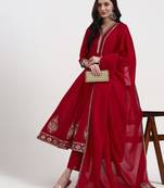red vichitra kalidaar kurta set with pant and dupatta