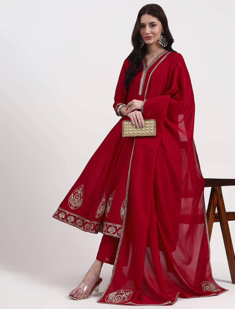 Yufta red vichitra kalidaar kurta set with pant and dupatta