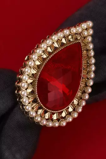 Inspired oval shape center red stone gold plated set of 2 combo adjustable finger ring for women