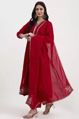 red vichitra kalidaar kurta set with pant and dupatta