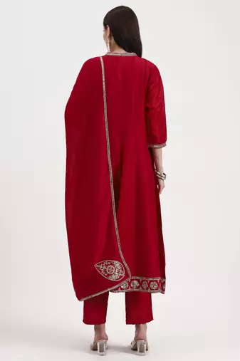 red vichitra kalidaar kurta set with pant and dupatta