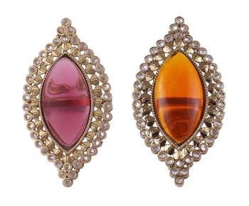 Lavish oval shape center pink stone gold plated set of 2 combo adjustable finger ring for women 1