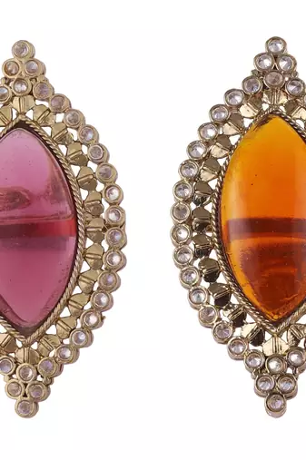 Lavish oval shape center pink stone gold plated set of 2 combo adjustable finger ring for women