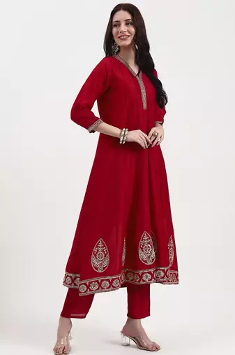 red vichitra kalidaar kurta set with pant and dupatta