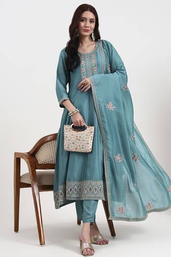 turquoise blue vichitra kalidaar kurta set with pant and dupatta