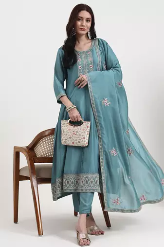 Yufta turquoise blue vichitra kalidaar kurta set with pant and dupatta