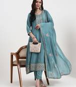turquoise blue vichitra kalidaar kurta set with pant and dupatta