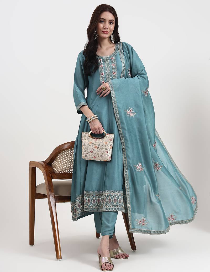 Yufta turquoise blue vichitra kalidaar kurta set with pant and dupatta