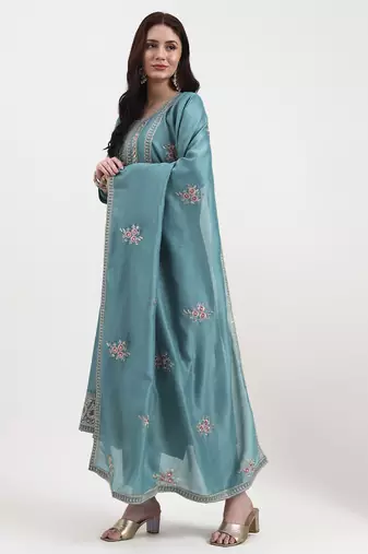 turquoise blue vichitra kalidaar kurta set with pant and dupatta