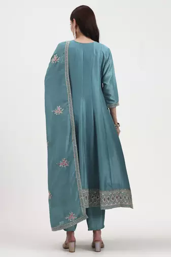 turquoise blue vichitra kalidaar kurta set with pant and dupatta