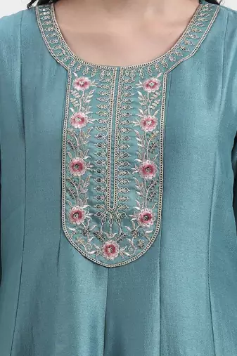 turquoise blue vichitra kalidaar kurta set with pant and dupatta