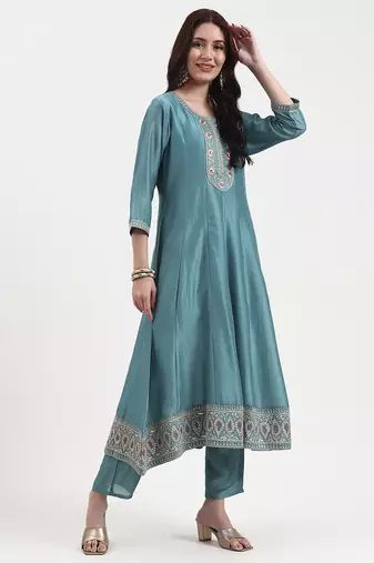 turquoise blue vichitra kalidaar kurta set with pant and dupatta