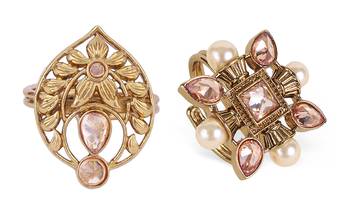 Superb flower and oval shape gold plated set of 2 combo adjustable finger ring for women 1
