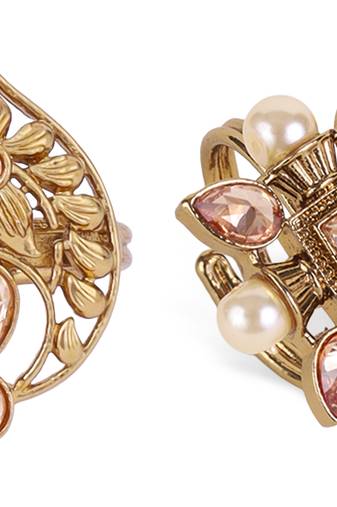 Superb flower and oval shape gold plated set of 2 combo adjustable finger ring for women