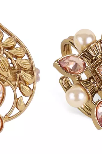 Superb flower and oval shape gold plated set of 2 combo adjustable finger ring for women